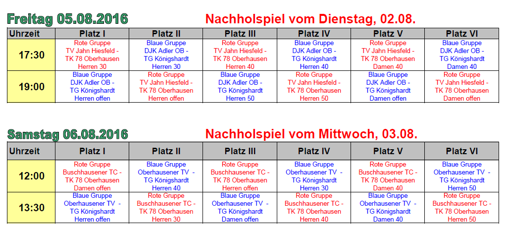 Spielplan Freitag und Samstag